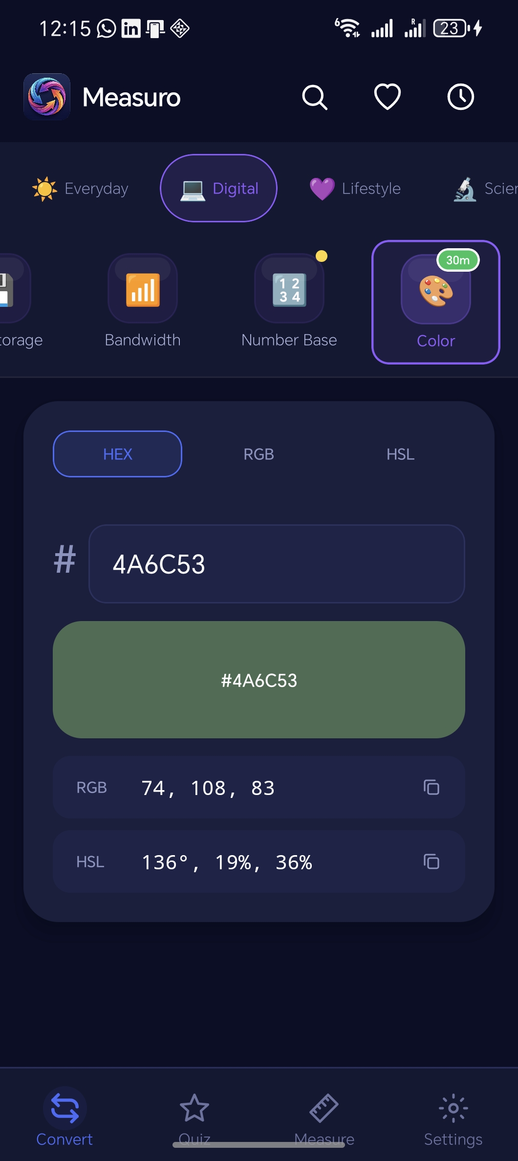 Measuro Color converter showing HEX, RGB, and HSL values