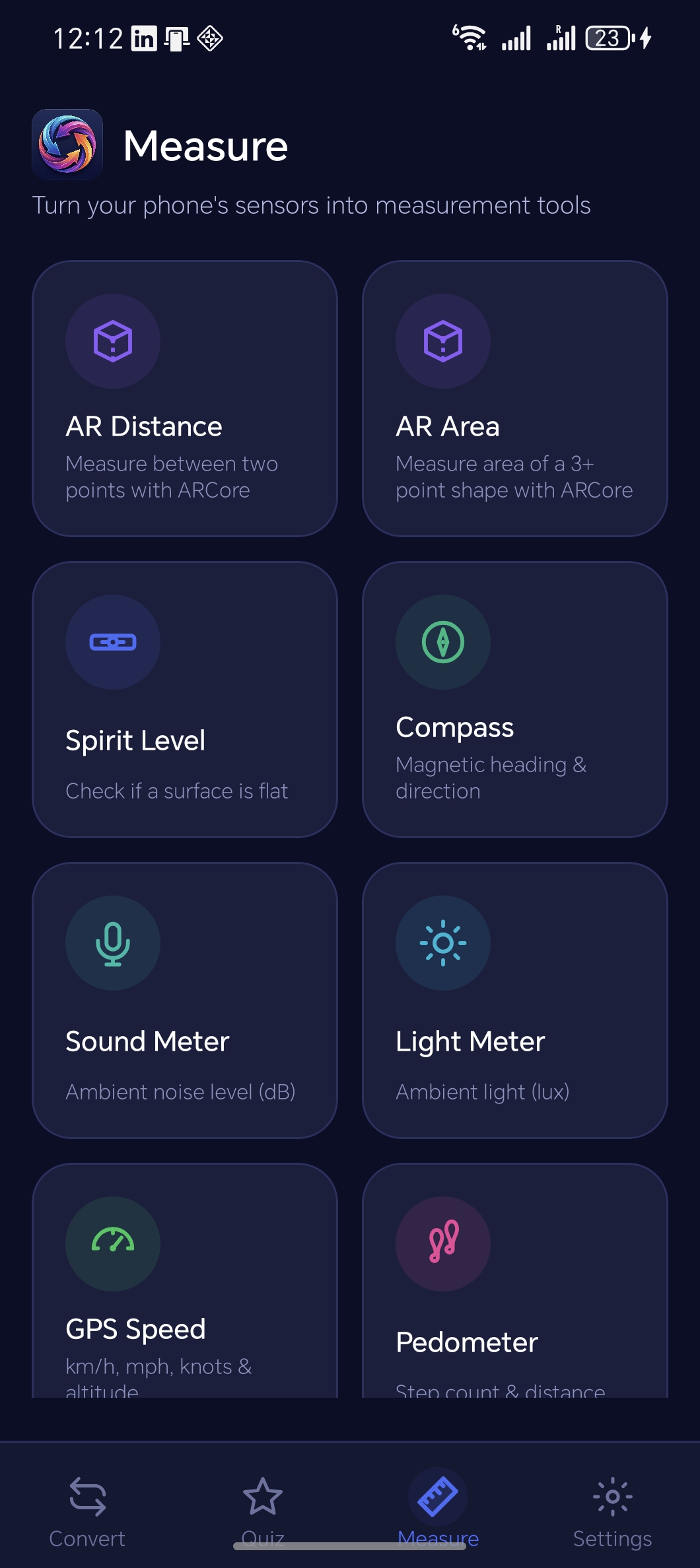 Measuro Measure hub showing 14 sensor-powered measurement tools