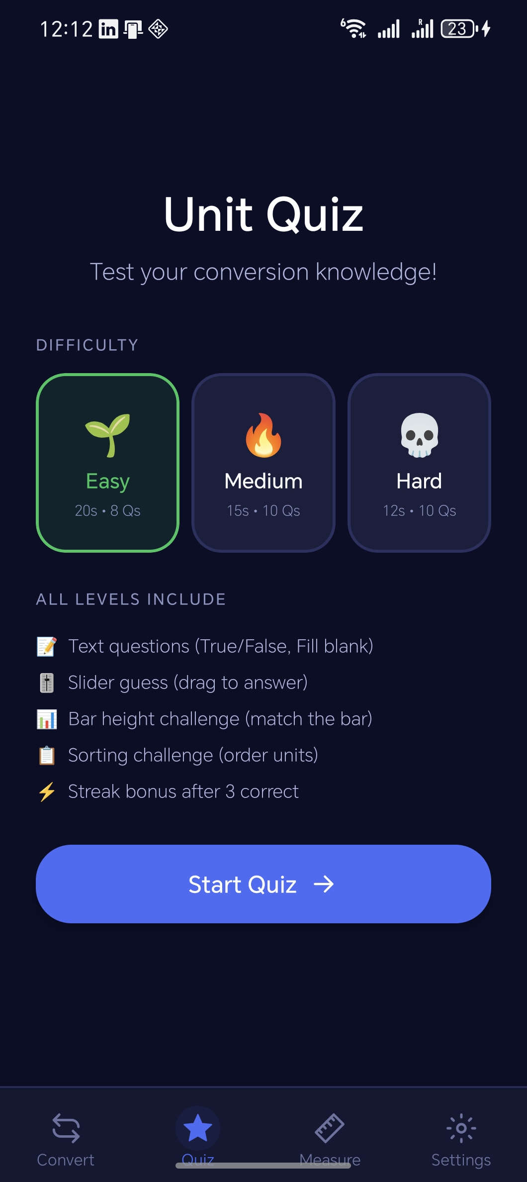 Measuro Quiz mode difficulty selection