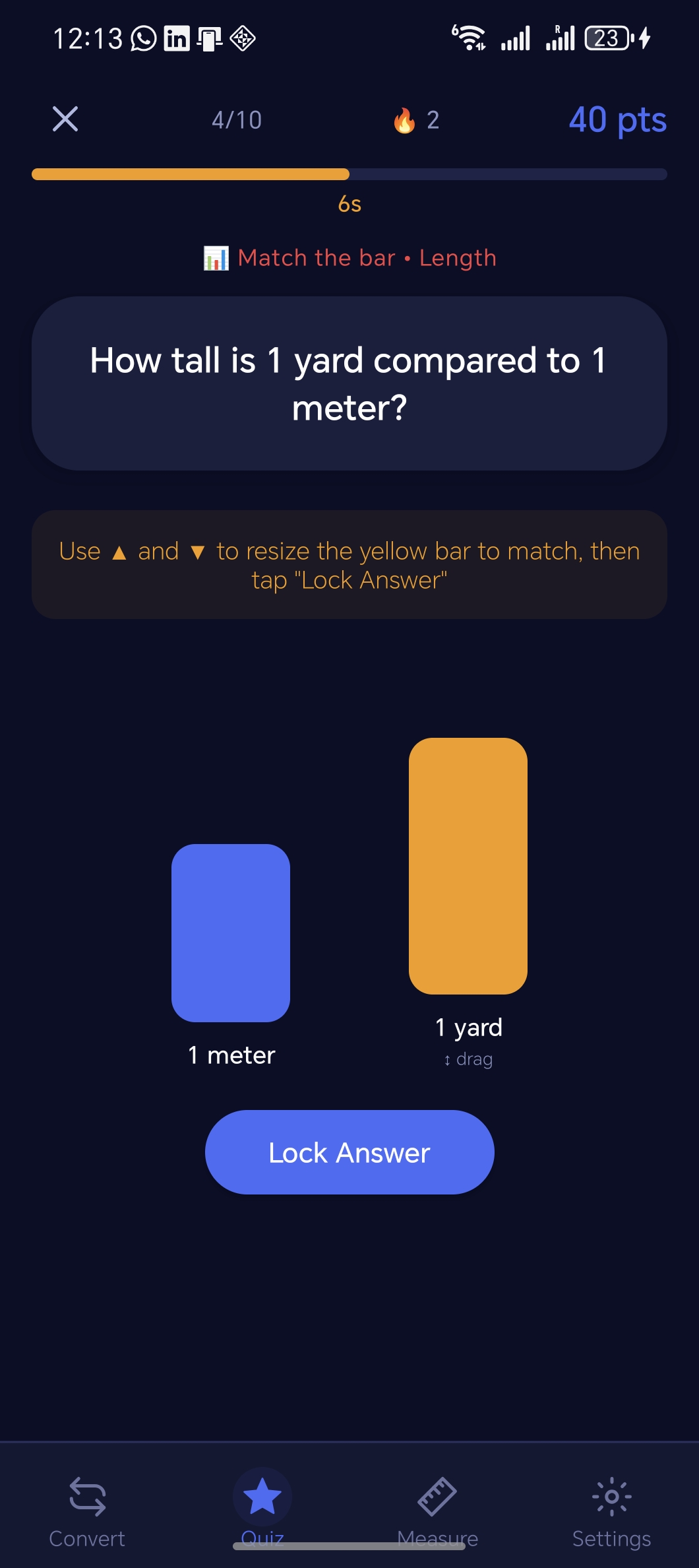 Measuro Quiz live question with bar matching challenge
